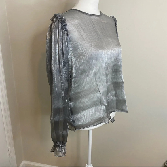 NWT Free People Freya Frost Top Metallic Silver Gray Sheer Long Sleeve Ribbon SP - Picture 8 of 16
